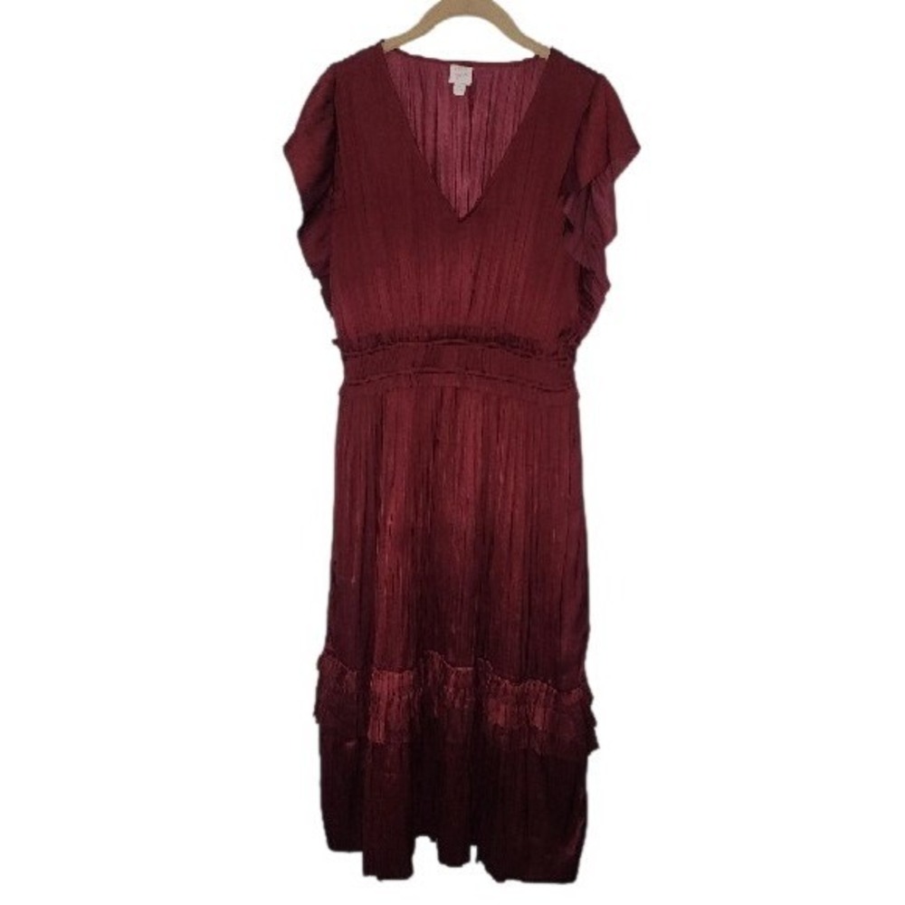 Roan + Ryan Womens Pleated Tiered Smocked Dress Burgundy Satin